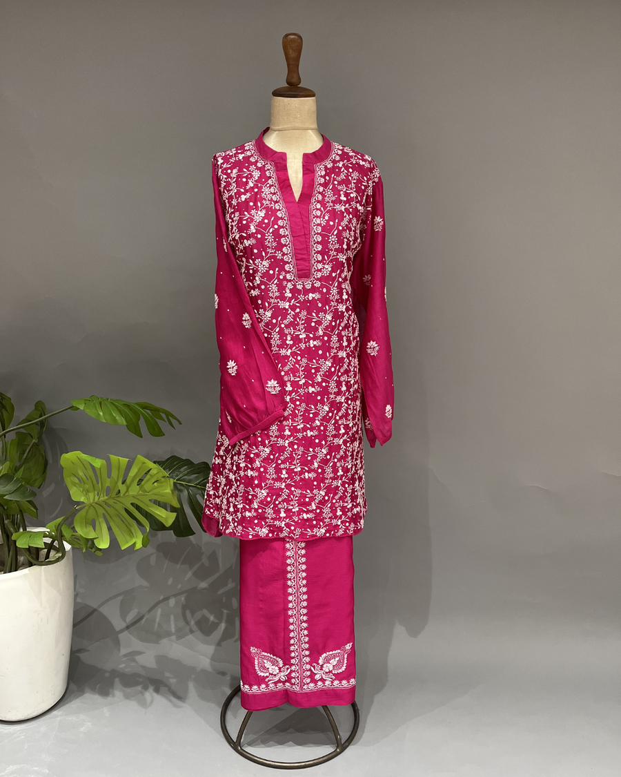 Chanderi Chikankari Co ord Set - Fuchsia Pink
