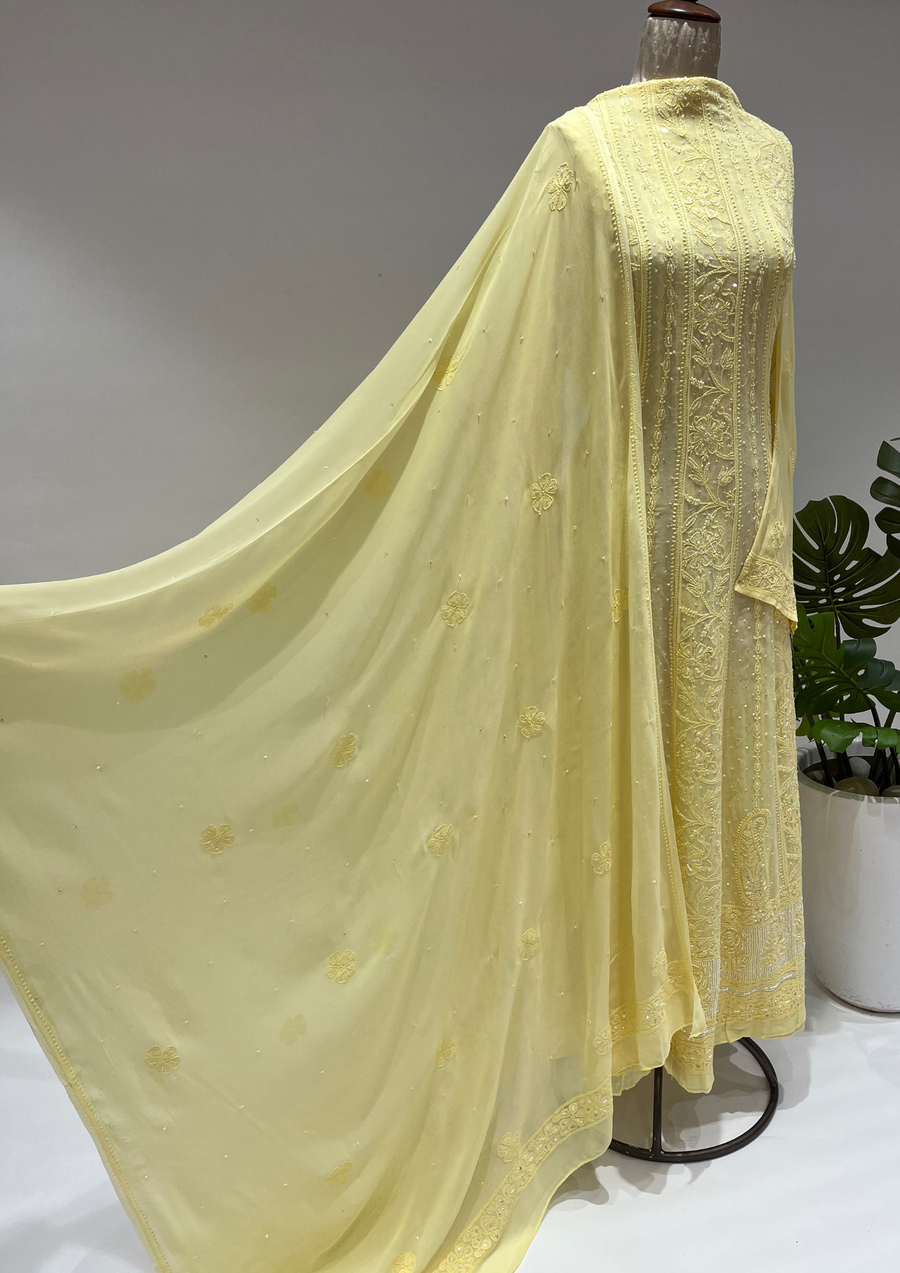 Viscose Chikankari Semistitched Anarkali - Sunshine Yellow