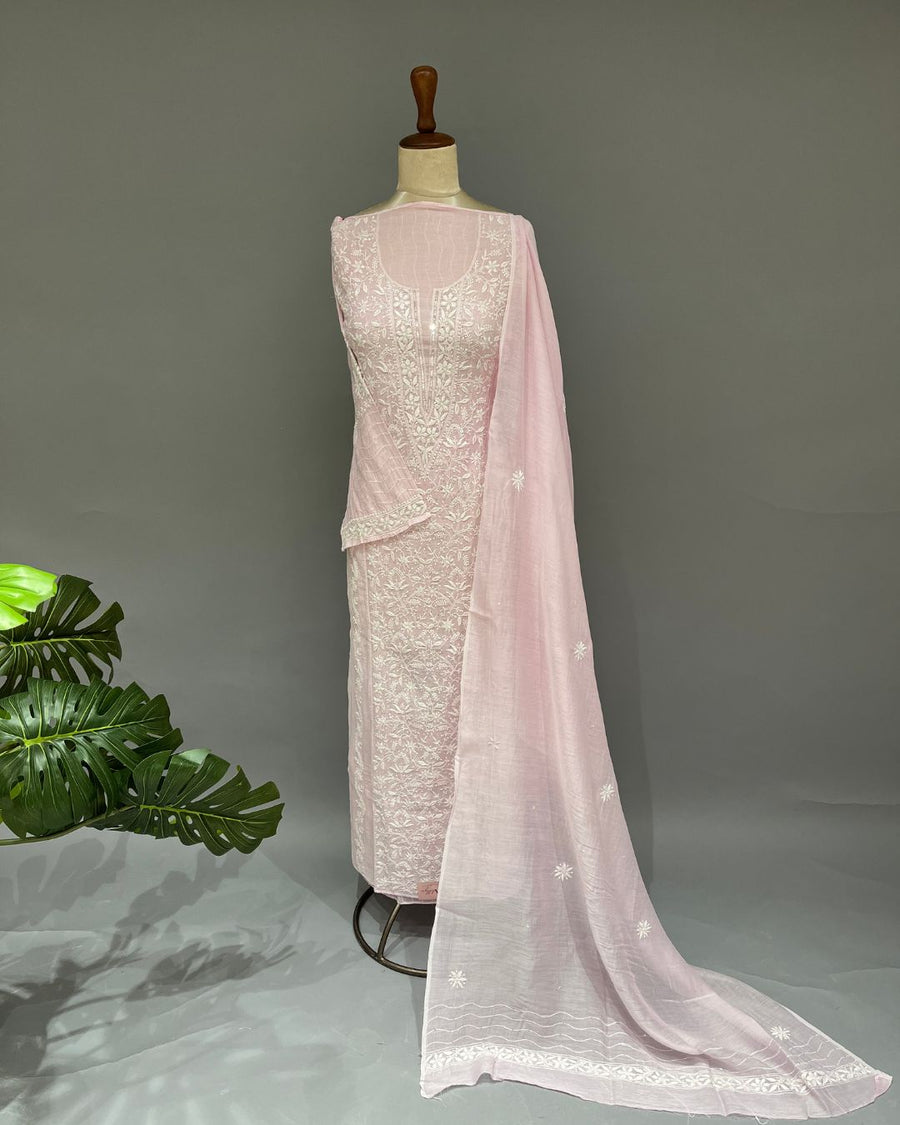 Mul Chanderi Chikankari Unstitched 2pc Suit - Blush Pink