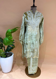 Velvet Chikankari Unstitched Coord Set - Beige Gold