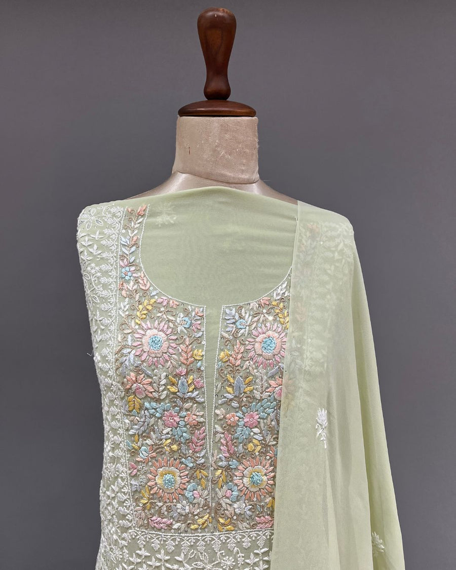 Pure Georgette Chikankari Unstitched 2pc Suit - Mint Green