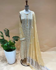 Chikankari Semistitched Tissue Straight Suit Set - Deep Champagne