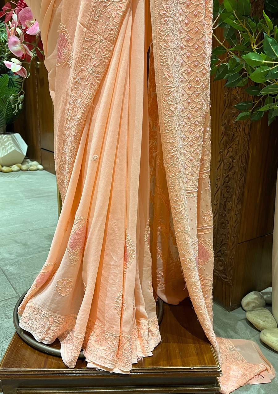 Chikankari Viscose Saree - Peach