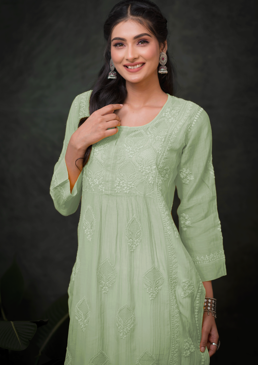 Mul Chikankari Long Kurti - Dewdrop Sage