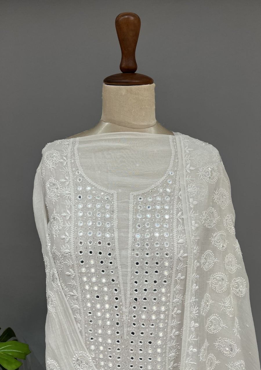 Mul Chanderi Chikankari Unstitch 2pc Suit - white