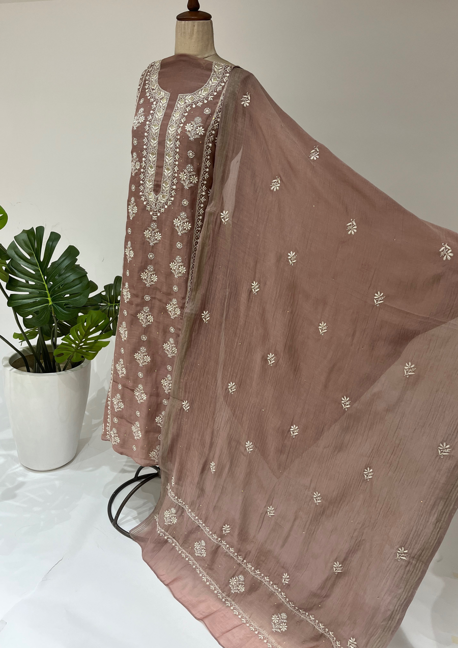 Mul Chanderi Chikankari Unstitched Suit - Hazelnut