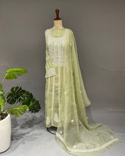 Organza Chikankari Unstitch 2pc Anarkari - Sage Green Ombre