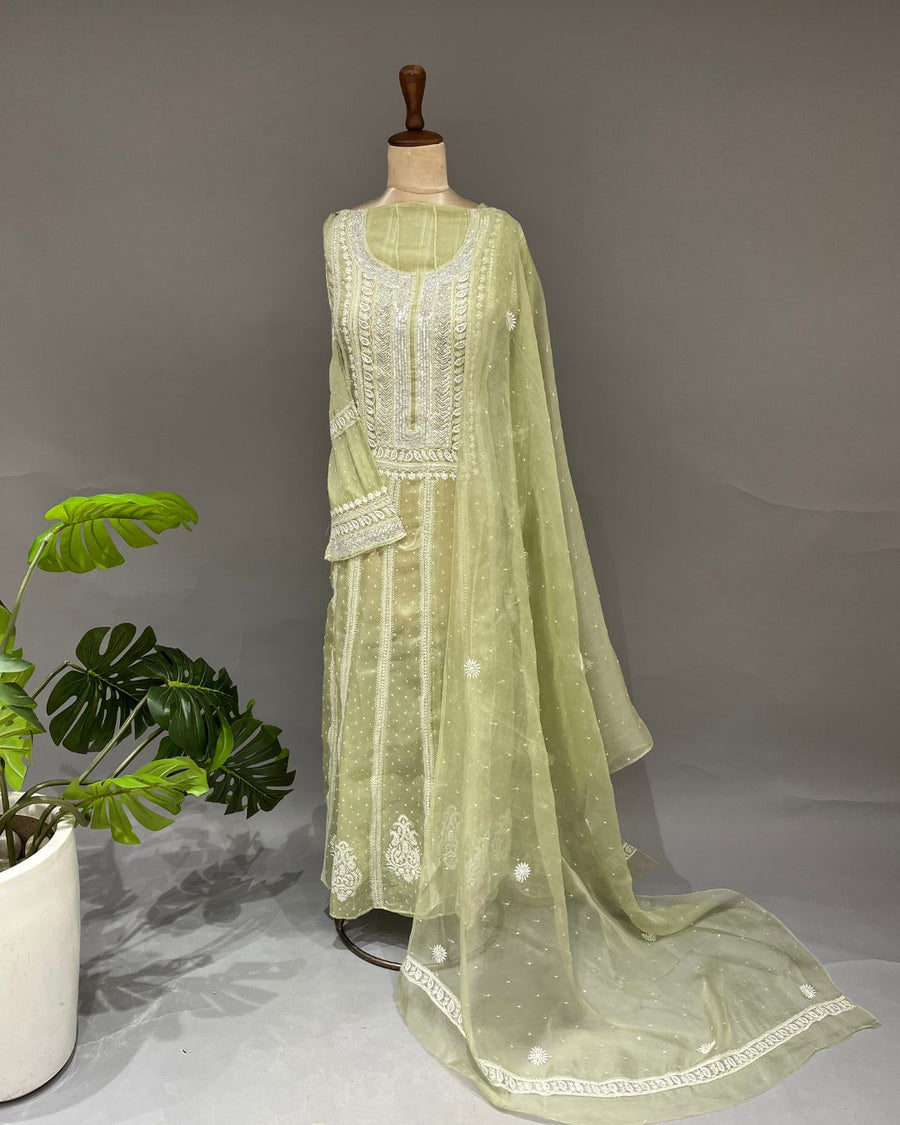 Organza Chikankari Unstitch 2pc Anarkari - Sage Green Ombre