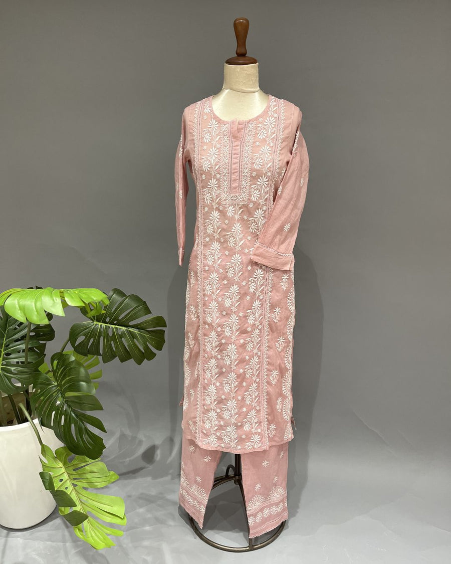 Chanderi Chikankari Co-ord Set - Rose Pink