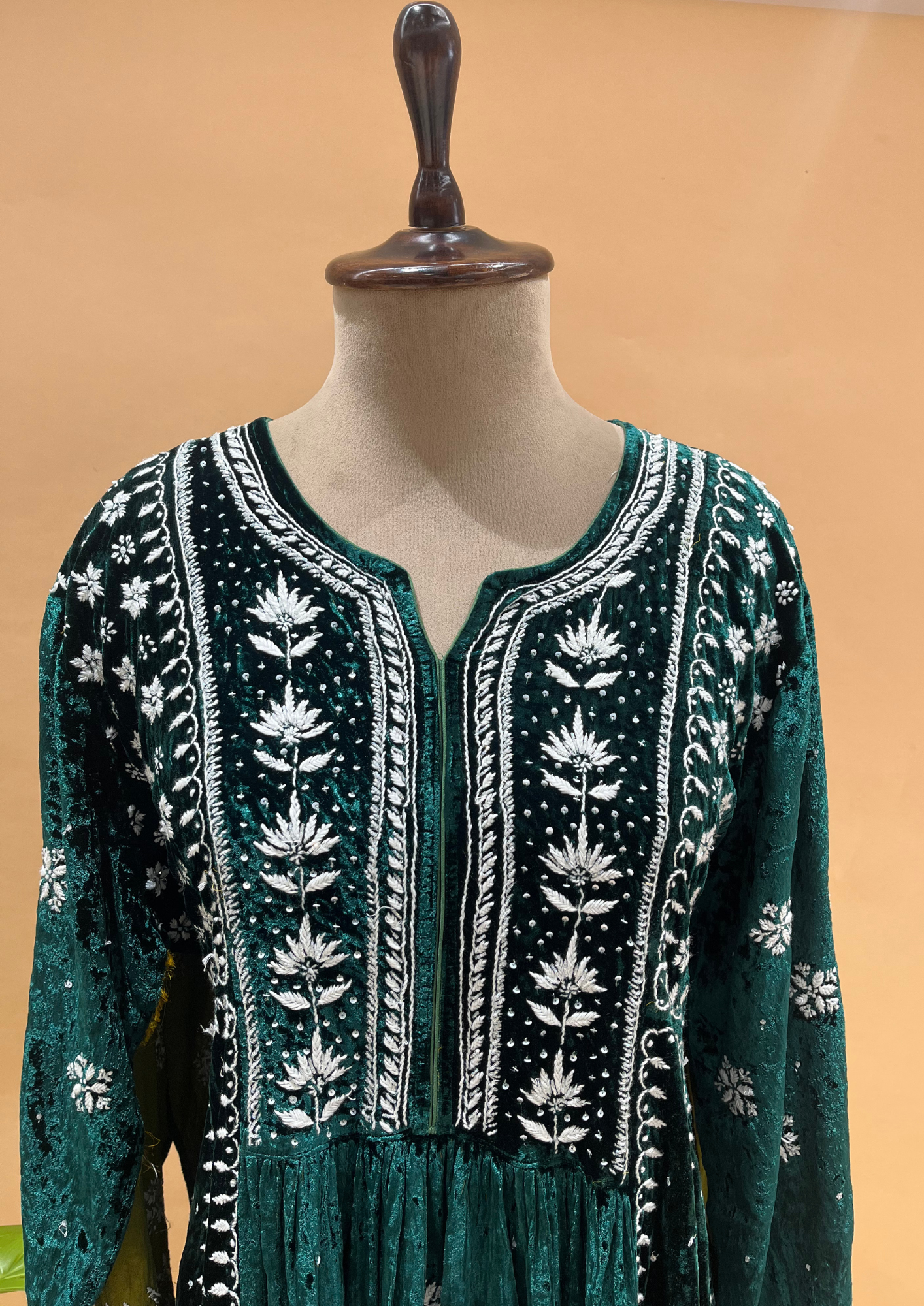 Velvet Chikankari Semistitched Palazzo Set - Emerald Green