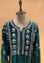 Velvet Chikankari Semistitched Palazzo Set - Emerald Green