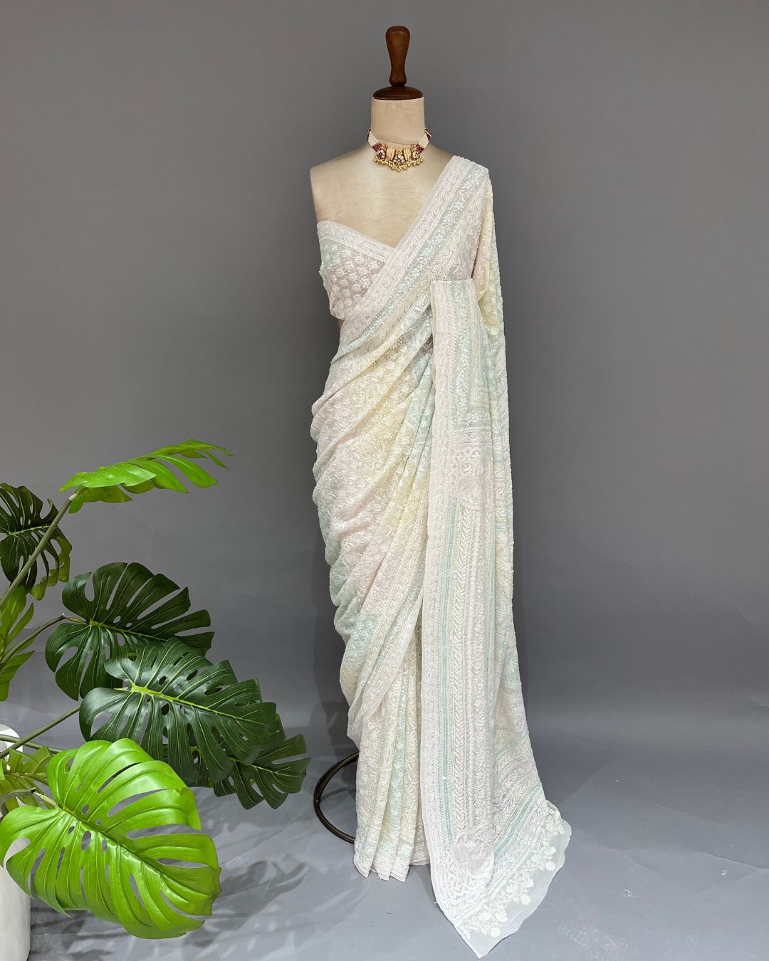Pure Georgette Chikankari Saree - Ivory & Multicolour