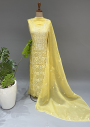 Chikankari Unstitched Organza Suit Set - Sunshine Yellow