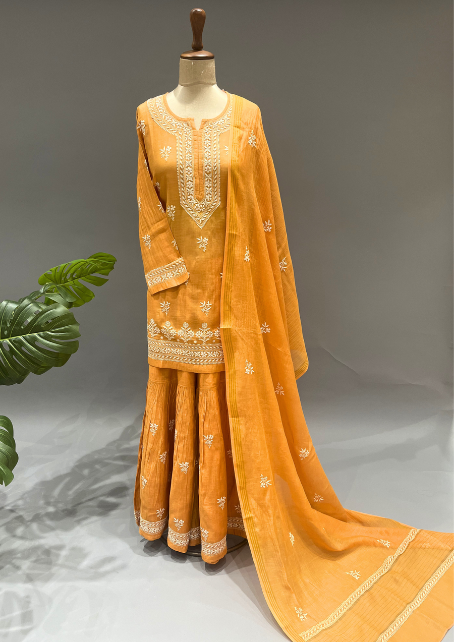 Chikankari Mul Chanderi Sharara Set - Sunset Orange