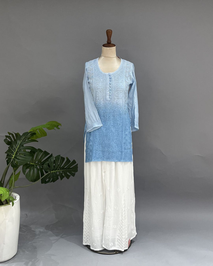 Muslin Chikankari Short Kurti - Periwrinkle Blue Ombre