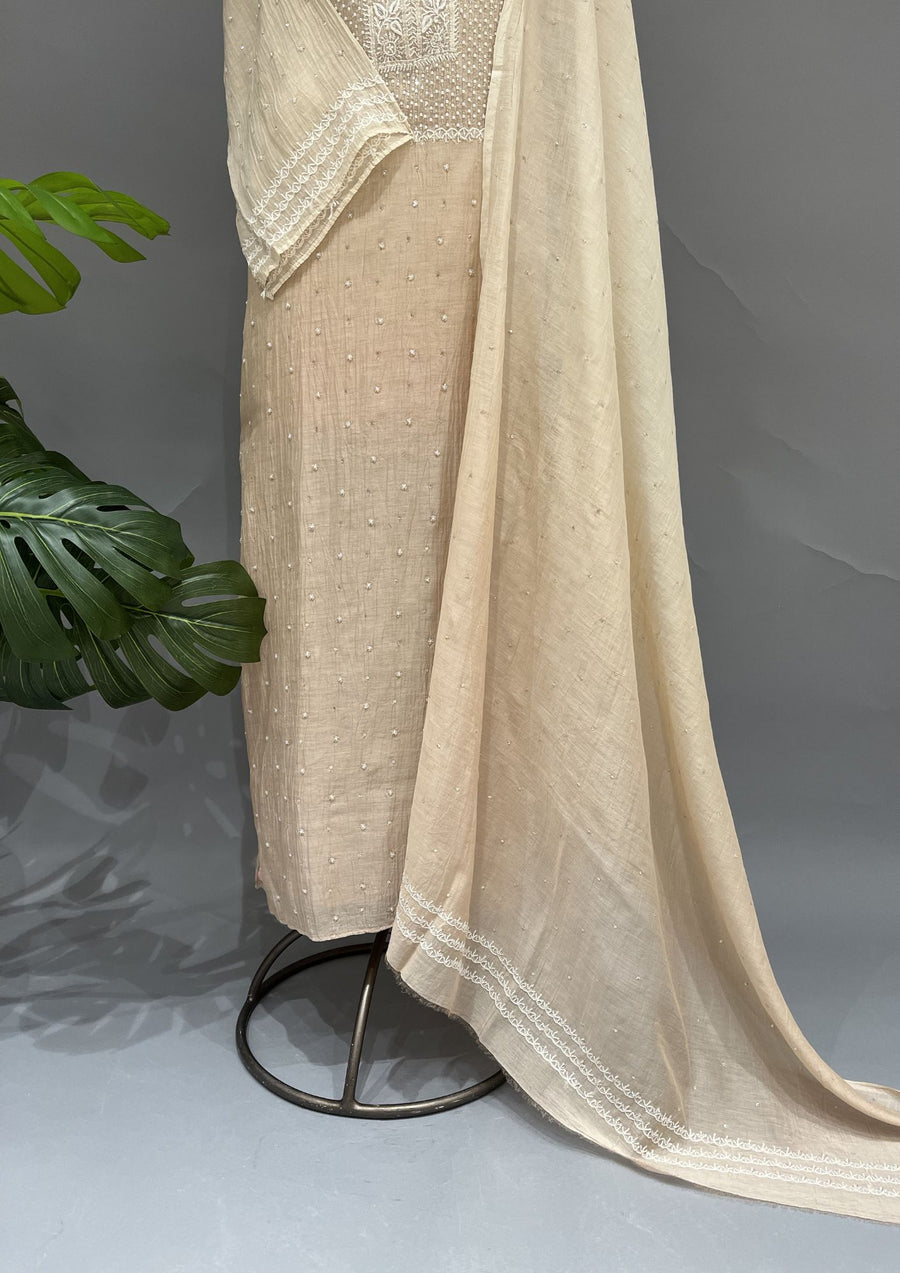 Mul Chanderi Chikankari Unstitch 2pc Suit - Beige Gold