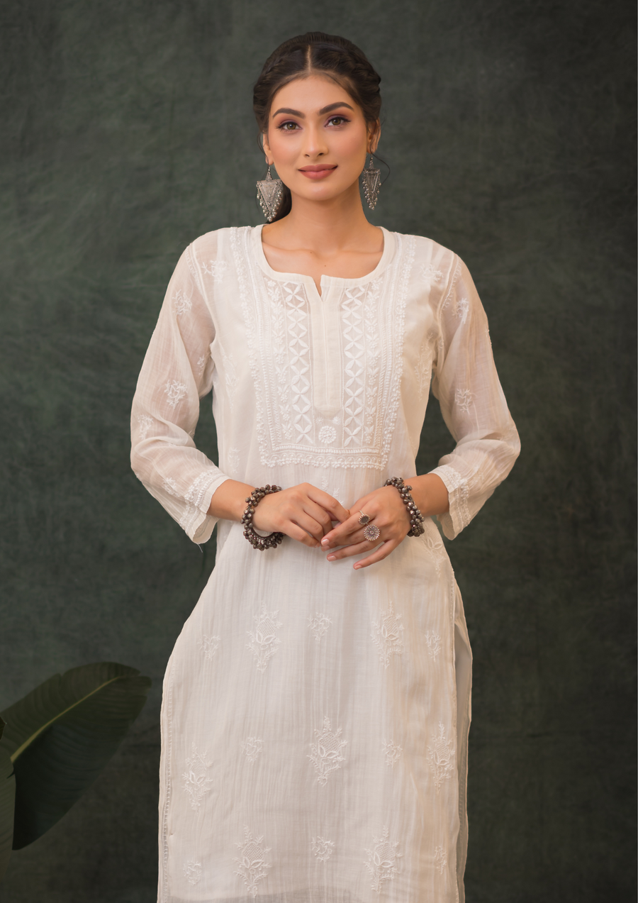 Mul Chanderi Chikankari Long Kurta - Ivory white