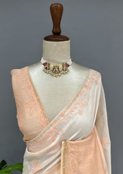Chanderi Chikankari Saree - Ombre Peach