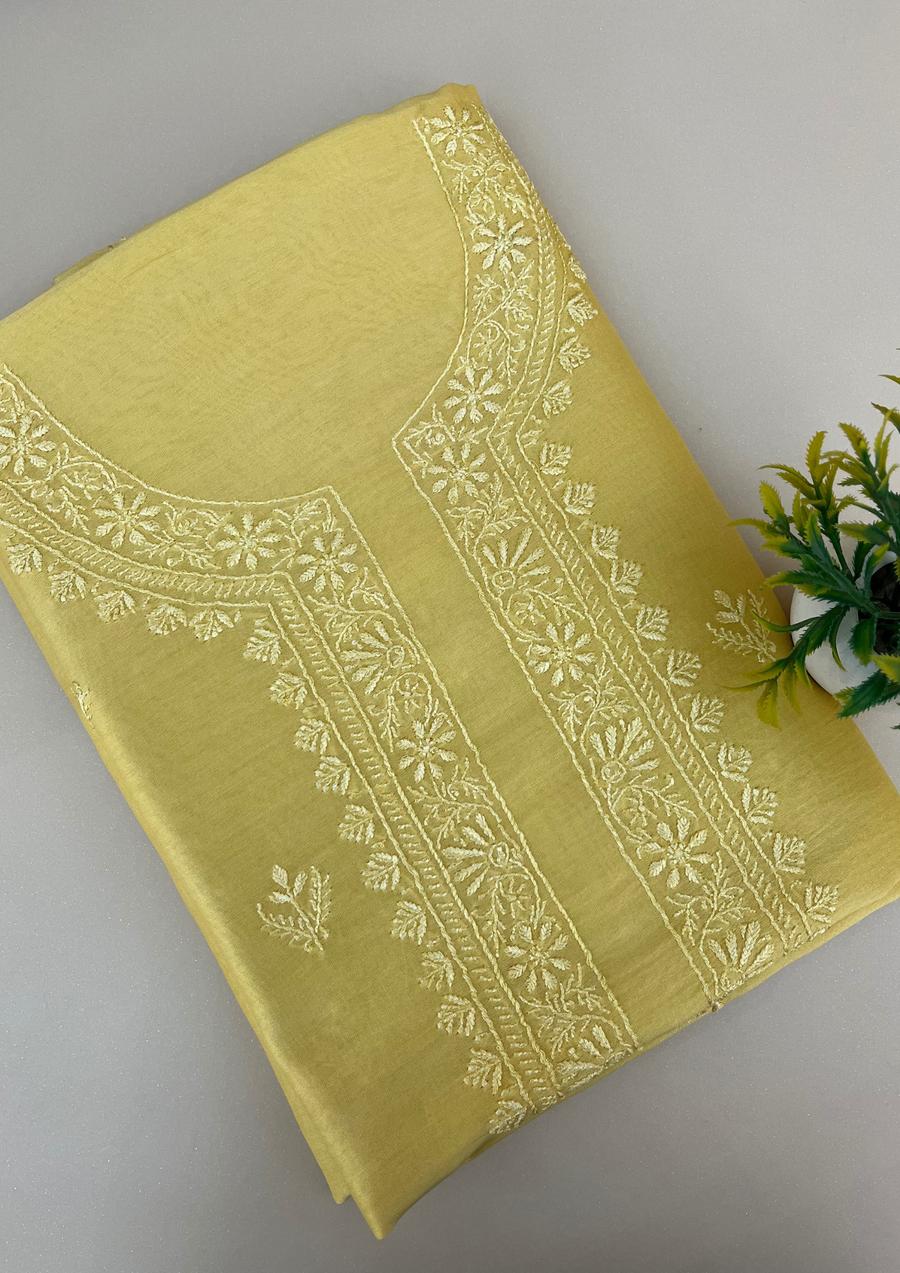 Chanderi Chikankari Unstitched Mens Kurta - Lime Yellow