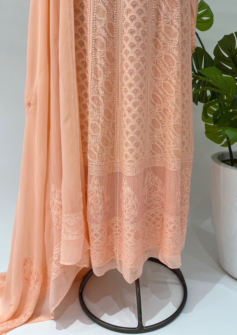 Viscose Chikankari Semistitched Anarkali - Peach