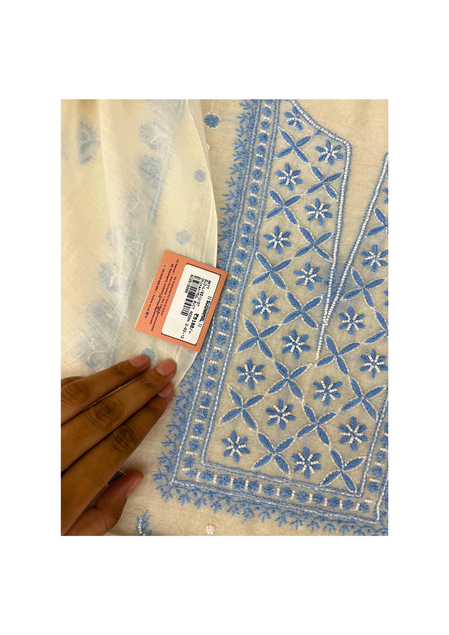 Chikankari Mul Chanderi Unstitched Suit - White and Blue