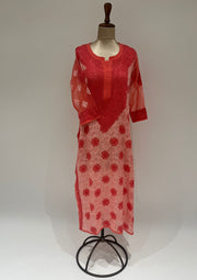 Georgette Chikankari Long Kurti - Peach and Red