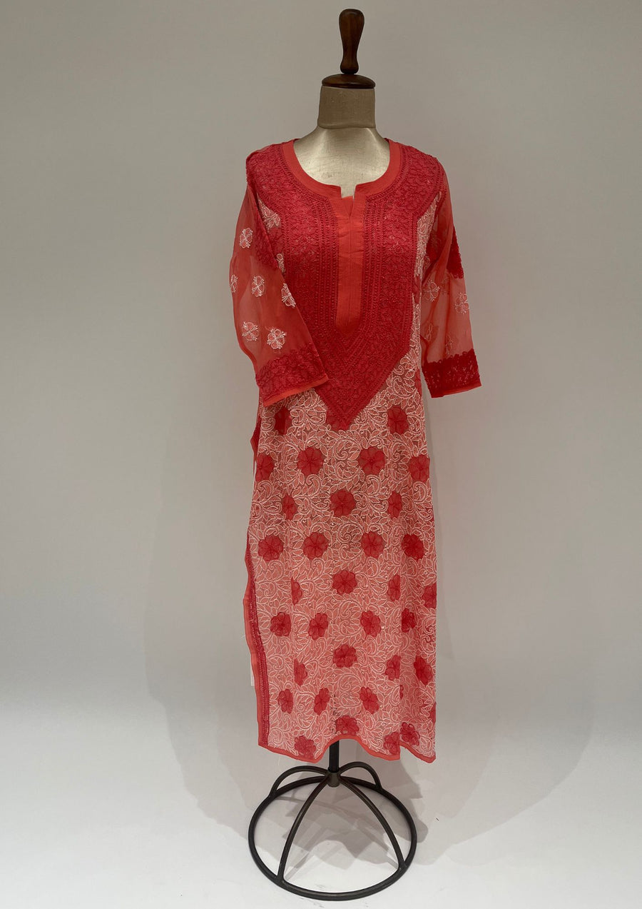 Georgette Chikankari Long Kurti - Peach and Red
