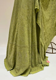 Pure Georgette Chikankari Unstitched Lehenga - Olive Green