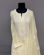 Organza Chikankari Stitch 3pc Suit - Lemon Yellow