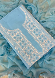 Cotton Unstitched Chikankari Suit - Aqua Blue