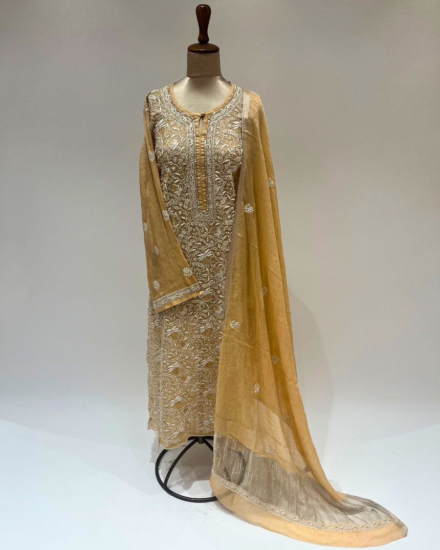 Tissue Chikankari Unstitched 2pc Suit - Warm Honey