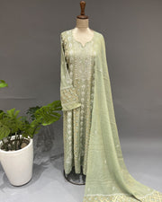 Banarsi Chanderi Chikankari Semistitch 2pc Suit - Sage Green
