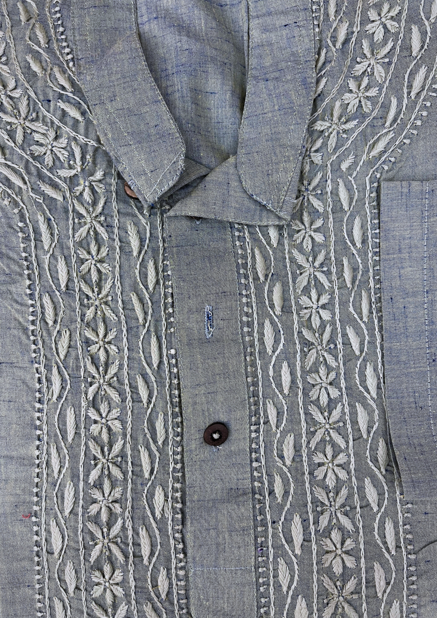 Linen Chikankari Stitched Mens Kurta- Teal Green