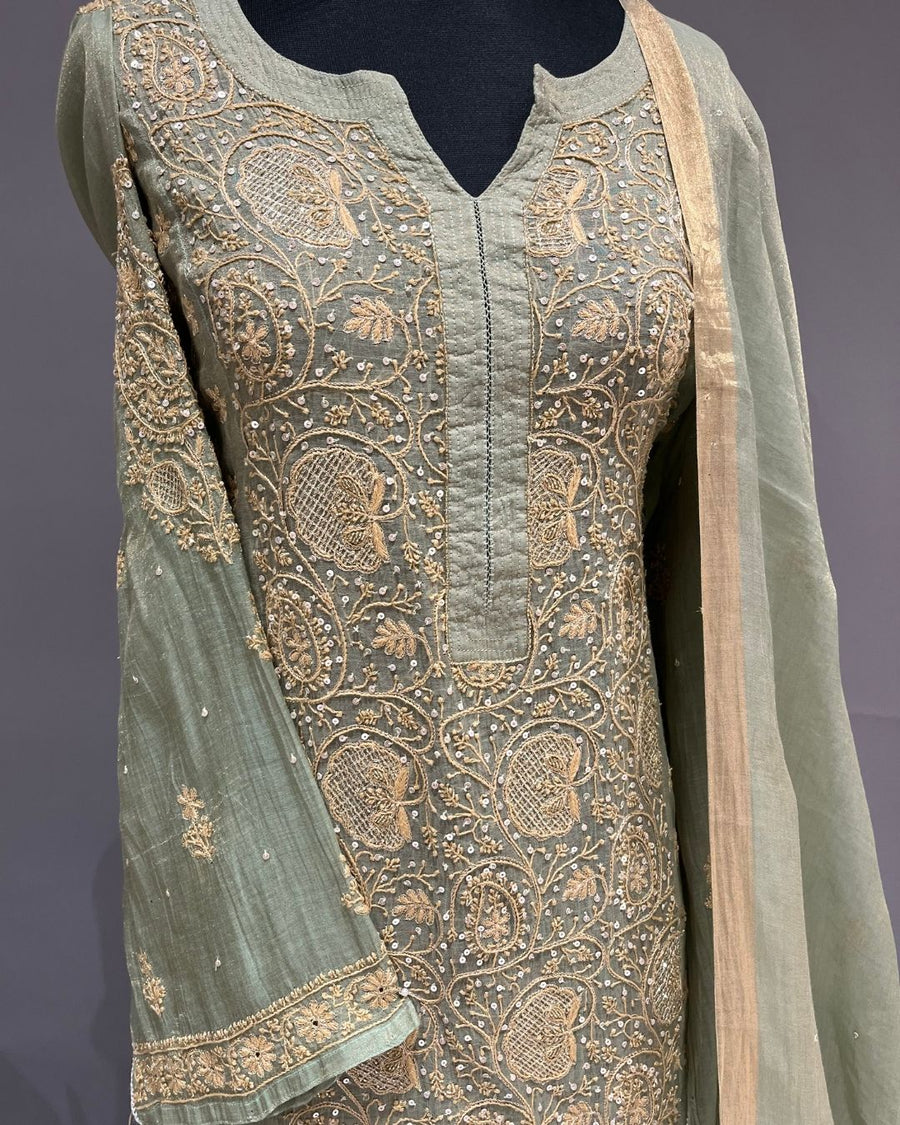 Tissue Chikankari Semistitch 2pc Suit - Sage Green