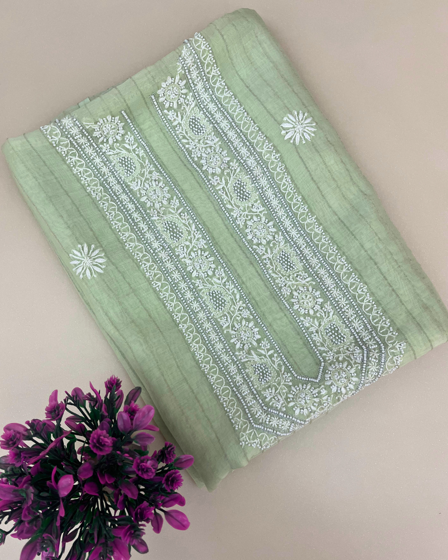 Mul Chanderi Chikankari Unstitched Mens Kurta - Mint Green