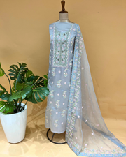 Organza Chikankari Unstitsched Kurta And Dupatta Set- Frost Blue