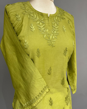 Chanderi Chikankari Short Kurti - Avocado Green