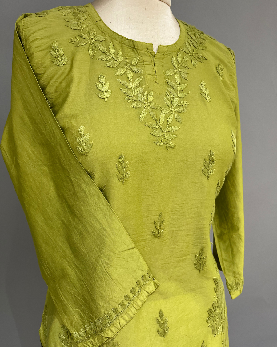 Chanderi Chikankari Short Kurti - Avocado Green