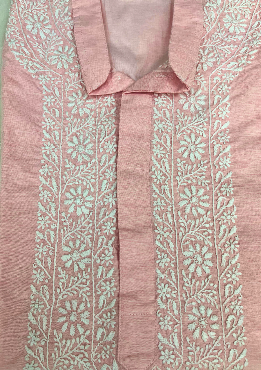 Cotton Chikankari Stitched Mens Kurta- Peachish Pink
