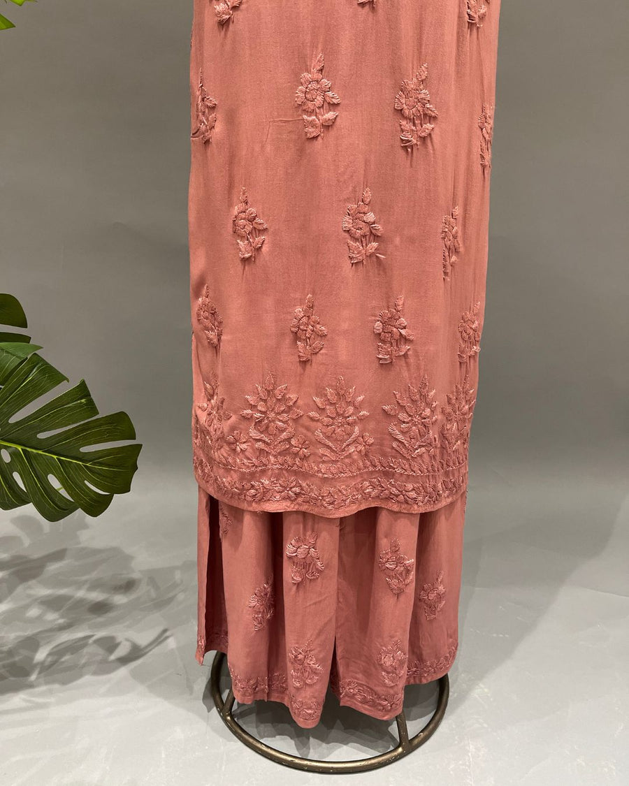Rayon Chikankari Kurta and Bottom set - Rust