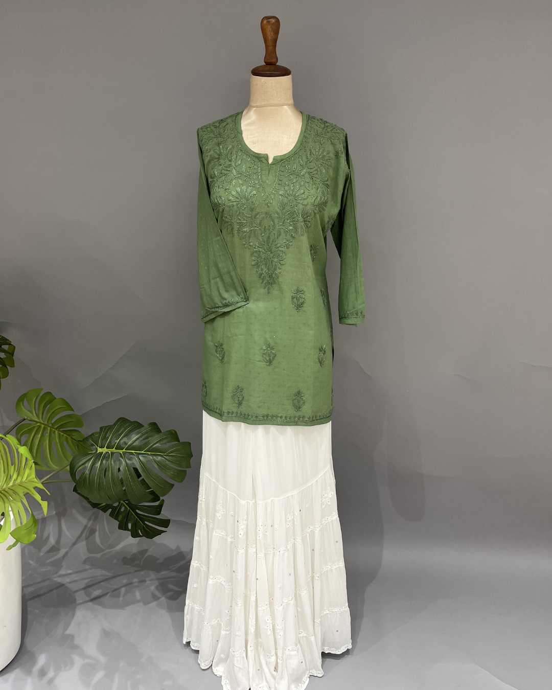 Cotton Chikankari Short Kurta - Asparagus