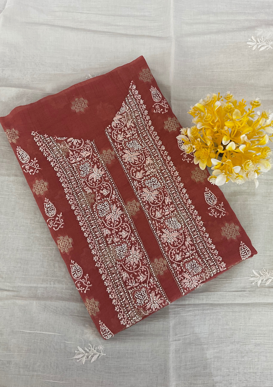 Mul Chanderi Chikankari Unstitched Mens Kurta - Brick