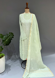 Chikankari Mul Chanderi A-Line Kurta and Dupatta - Pastel Green