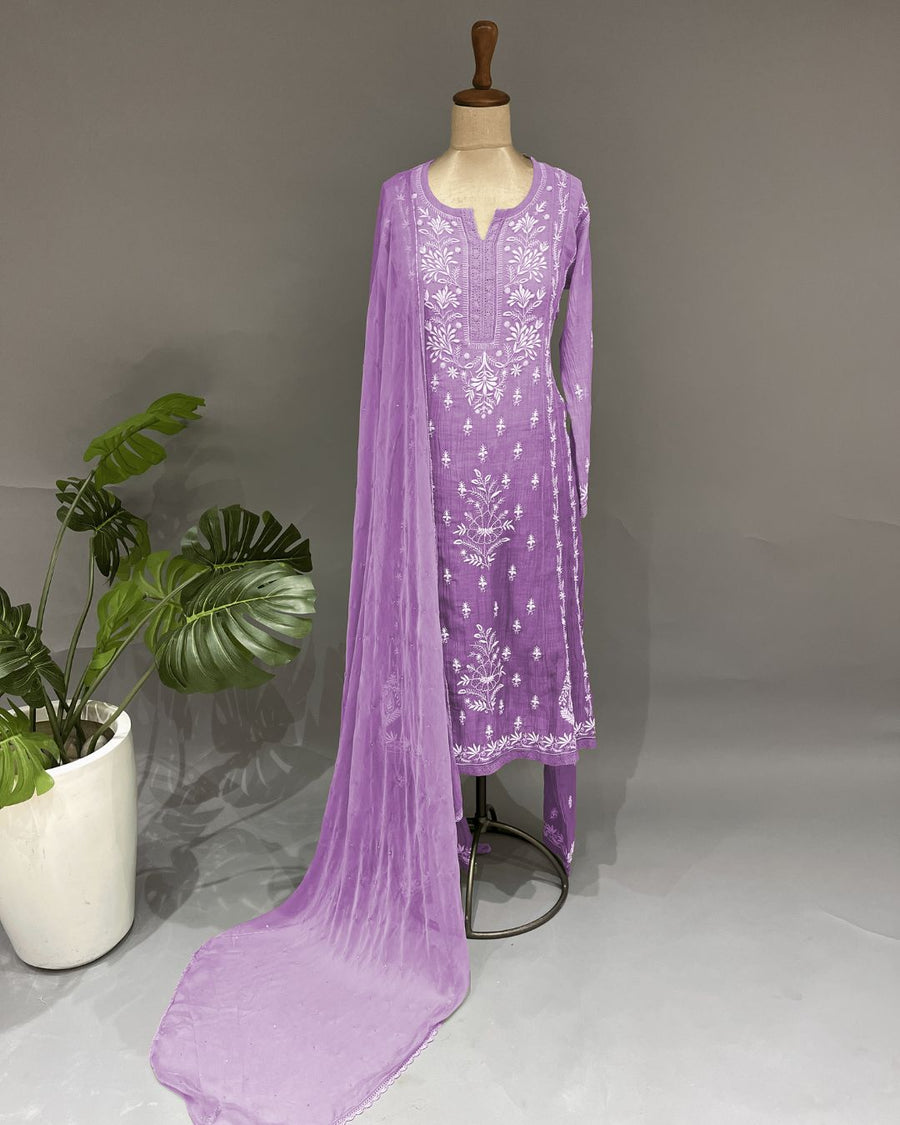Mul Chander Chikankari 3 pc Suit - Amethyst Purple