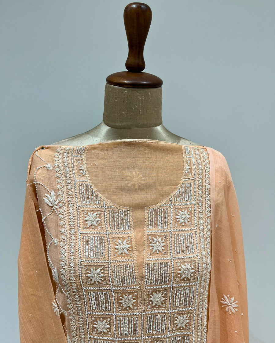 Mul Chikankari Unstitched 2pc Suit - Papaya Orange