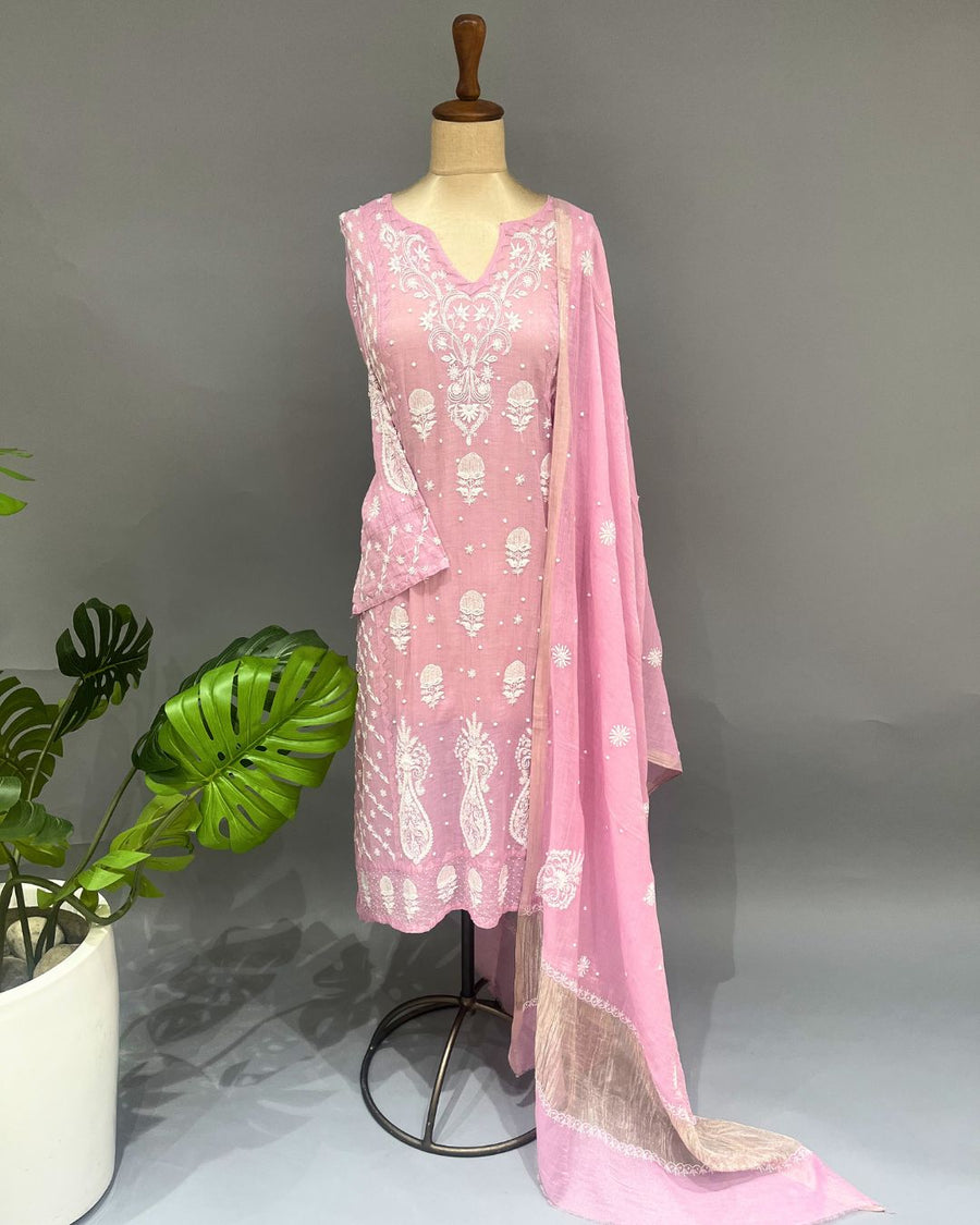 Tissue Chikankari Unstitch 2pc Suit - Mauve Pink