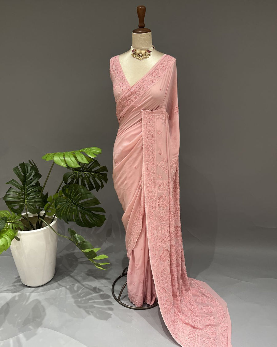 Viscose Chikankari Saree - Rose Gold