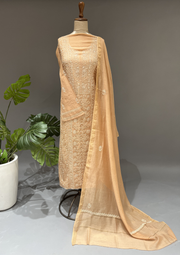 Chikankari Mul Unstitched Kurta & Dupatta - Gold Beige