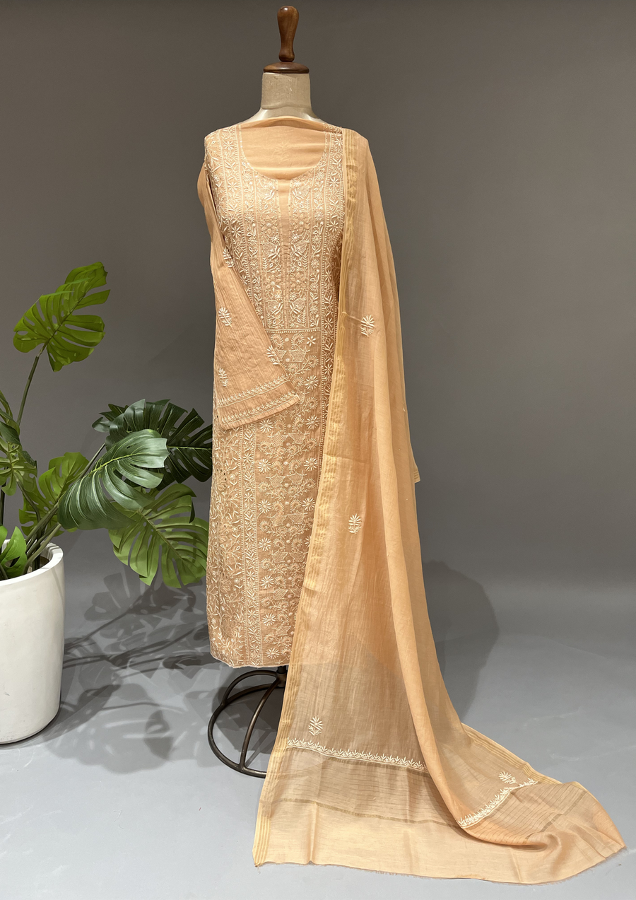 Chikankari Mul Unstitched Kurta & Dupatta - Gold Beige