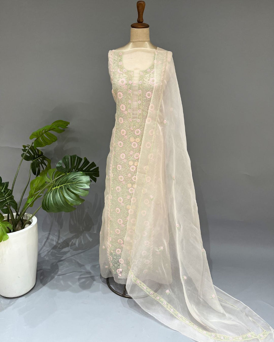 Chikankari Organza Unstitched Suit - Peach
